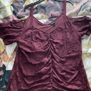 Burgundy plum lace cold shoulder top from Torrid.